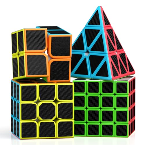 ROXENDA Speed Cube Set, Cubos de Velocidad de 2X2 3X3 4X4 Pirámide Cube - Fácil Giro & Juego Suave, 4 Pack (Fibra de Carbon)