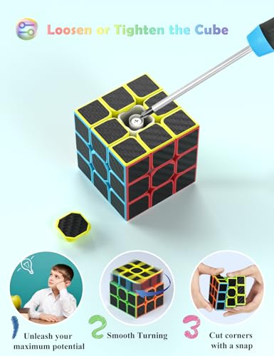 ROXENDA Speed Cube Set, Cubos de Velocidad de 2X2 3X3 4X4 Pirámide Cube - Fácil Giro & Juego Suave, 4 Pack (Fibra de Carbon)