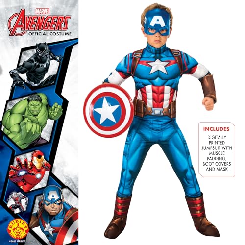 Rubies Disfraz Capitan America Deluxe para niños y niñas, Jumpsuit con pecho acolchado y cubrebotas, 1/2 máscara​. Oficial Marvel para Carnaval, Navidad, Cumpleaños, Fiestas y Halloween