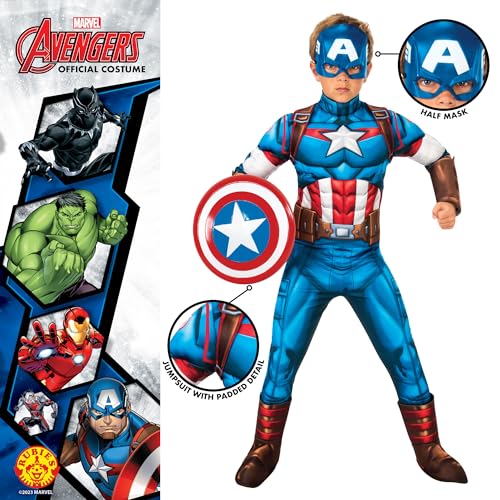 Rubies Disfraz Capitan America Deluxe para niños y niñas, Jumpsuit con pecho acolchado y cubrebotas, 1/2 máscara​. Oficial Marvel para Carnaval, Navidad, Cumpleaños, Fiestas y Halloween