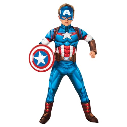 Rubies Disfraz Capitan America Deluxe para niños y niñas, Jumpsuit con pecho acolchado y cubrebotas, 1/2 máscara​. Oficial Marvel para Carnaval, Navidad, Cumpleaños, Fiestas y Halloween