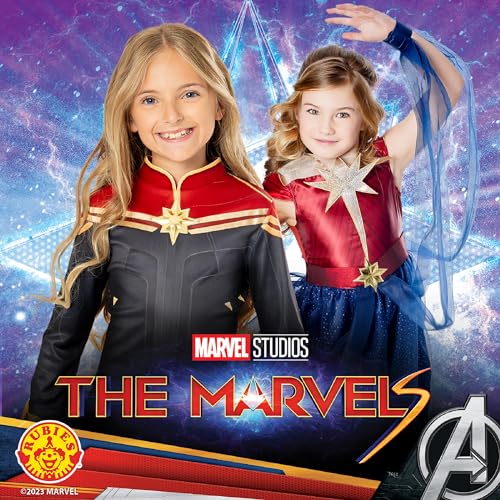 Rubies Disfraz Capitana Marvel deluxe para niñas, Jumpsuit impreso y guanteletes, Oficial Marvel para Carnaval, Navidad, Cumpleaños, Fiestas y Halloween