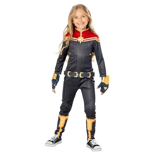 Rubies Disfraz Capitana Marvel deluxe para niñas, Jumpsuit impreso y guanteletes, Oficial Marvel para Carnaval, Navidad, Cumpleaños, Fiestas y Halloween