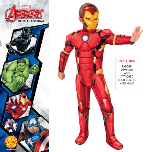 Rubies Disfraz Iron Man Deluxe para niños, Jumpsuit con pecho acolchado, cubrebotas y máscara, Oficial Marvel para Carnaval, Navidad, Cumpleaños, Fiestas y Halloween.