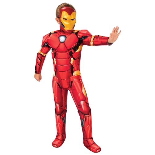 Rubies Disfraz Iron Man Deluxe para niños, Jumpsuit con pecho acolchado, cubrebotas y máscara, Oficial Marvel para Carnaval, Navidad, Cumpleaños, Fiestas y Halloween.