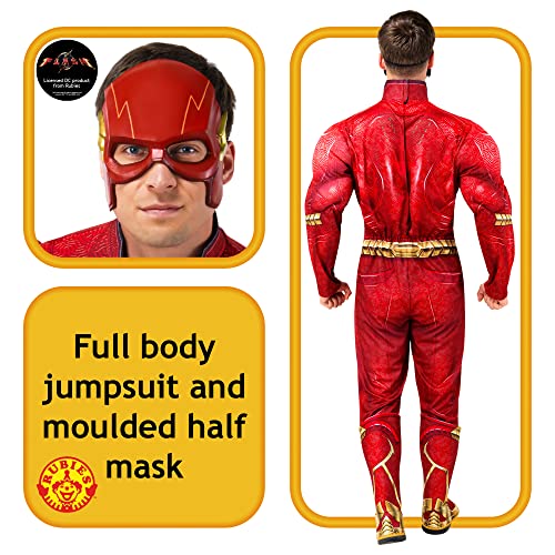 Rubies Disfraz The Flash Deluxe para adulto, Jumpsuit con pecho musculoso, cubrebotas y máscara, Oficial DC Comics, The Flash, para Carnaval, Halloween, Fiestas