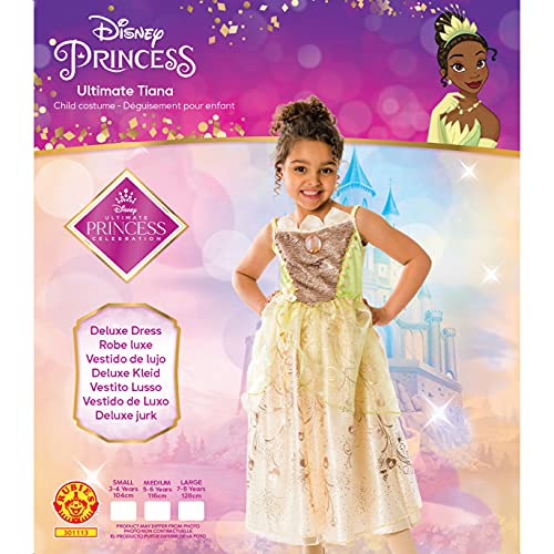 Rubies Official Disney Ultimate Princess Deluxe Tiana Girls Costume, Kids Fancy Dress Disfraz, Multicolor, M (3011135-6)