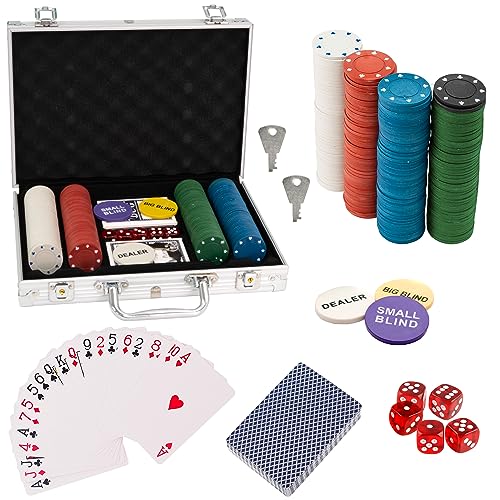 SA Products Juego profesional de póquer Texas Holdem y juego de blackjack con funda de transporte portátil | Fichas de casino y cartas de juego Juego de dados de póquer para adultos (juego de póquer