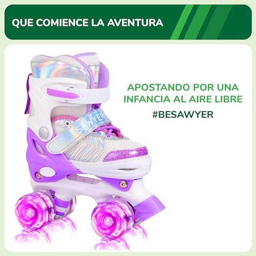 Sawyer Bikes - Patines Ajustables 4 Ruedas LED - Niños 3 a 12 Años (S 27-30), Morado