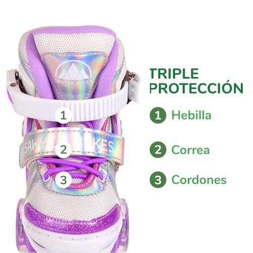 Sawyer Bikes - Patines Ajustables 4 Ruedas LED - Niños 3 a 12 Años (S 27-30), Morado