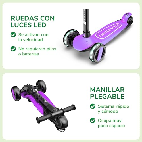 Sawyer Bikes - Patinete Ajustable Ruedas LED - Niños 2 a 8 Años (Violeta)