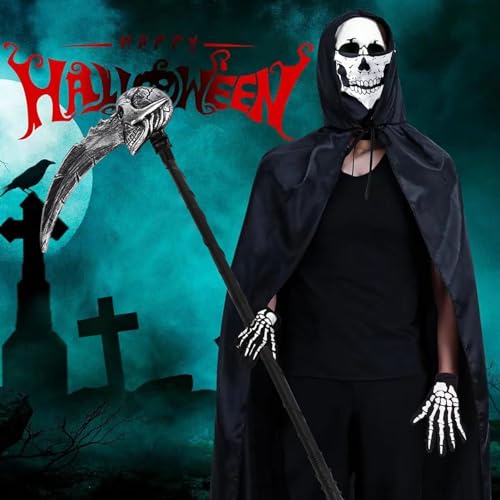 Shinybox Grim Reaper Halloween Sickle, Máscara Esqueleto + 1 Pares Guantes Esqueleto + Pegatinas de Cicatrices de Halloween, Disfraz de Fantasma para Halloween Fiesta Carnival Costume Cosplay