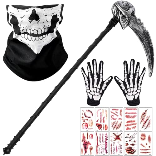 Shinybox Grim Reaper Halloween Sickle, Máscara Esqueleto + 1 Pares Guantes Esqueleto + Pegatinas de Cicatrices de Halloween, Disfraz de Fantasma para Halloween Fiesta Carnival Costume Cosplay