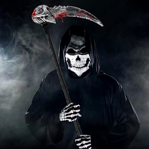 Shinybox Grim Reaper Halloween Sickle, Máscara Esqueleto + 1 Pares Guantes Esqueleto + Pegatinas de Cicatrices de Halloween, Disfraz de Fantasma para Halloween Fiesta Carnival Costume Cosplay