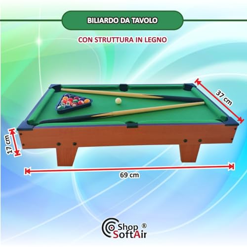 Shop SoftAir Mini mesa de billar Carambola portátil – Cubierta de fieltro verde – 2 varillas, 16 bolas triángulo tiza – 69 x 36 x 17 cm – Color madera verde – Ideal para niños y adultos