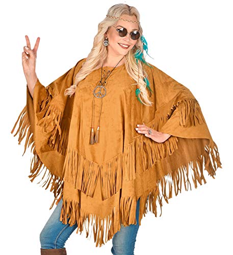 shoperama Poncho marrón unisex con flecos, imitación de ante para hippie india, vaquera, gaucho, Talla única