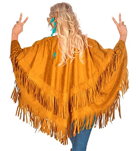 shoperama Poncho marrón unisex con flecos, imitación de ante para hippie india, vaquera, gaucho, Talla única