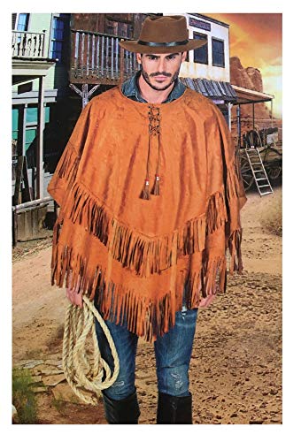 shoperama Poncho marrón unisex con flecos, imitación de ante para hippie india, vaquera, gaucho, Talla única