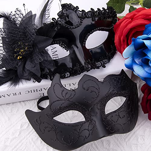 SIQUK 2 Piezas Máscara Mascarada Parejas Máscara Veneciana Mujer Hombre Media Cara Máscara para Mascarada Halloween Carnaval, Negro