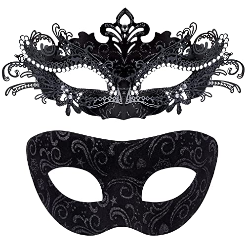 SIQUK 2 Piezas Máscara Veneciana Parejas Máscara Mascarada Media Cara Máscara para Mujer Hombre Halloween Carnaval, Negro