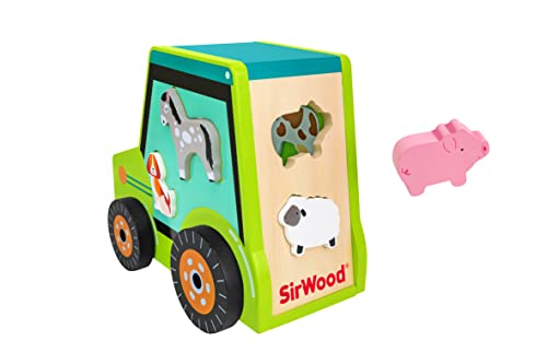 SirWood Tractor de Madera con cortadores de Enclavamiento - Moldes en Forma de Animales de Granja - Tractor de Rueda Libre Primera Infancia Globo Juguetes - 41595