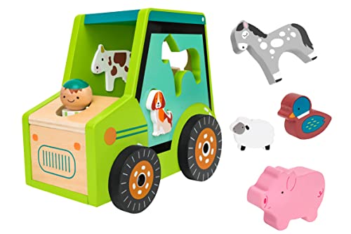 SirWood Tractor de Madera con cortadores de Enclavamiento - Moldes en Forma de Animales de Granja - Tractor de Rueda Libre Primera Infancia Globo Juguetes - 41595