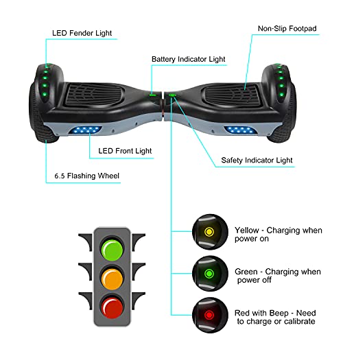 SISIGAD Hoverboard 6,5 pulgadas Overboard, Hover Scooter Board Todoterreno, Bluetooth y LED autoequilibrado, Scooter eléctrico Auto-equilibrio para niños y adultos HY-A12 gris/negro