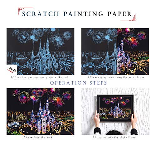 SiYear Scratch Paper Rainbow Painting Sketch, City Series Night Scene, Scratch Painting Creative Gift, Scratchboard para Adultos y niños con 4 Herramientas '' (Castillo + Globo de Aire Caliente