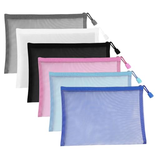 SKHAOVS 6 Piezas Malla Estuche de Lápices, Zip Mesh Zipper Pouches Caja de Lápiz, Bolsa de Almacenamiento de Malla Transparente, Organizador de Papelería para Oficina Cosméticos