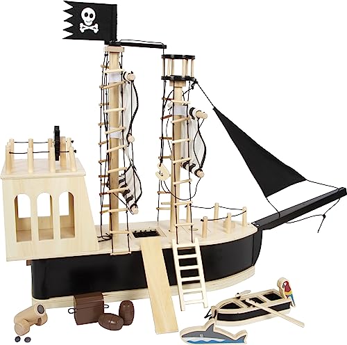 small foot Pirata para muñecas Flexibles de Madera, Gran Barco de Juguete con Accesorios y Funciones, 12411 Toys