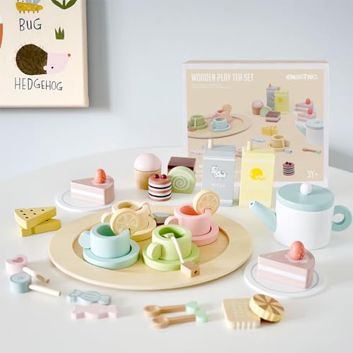 Smartwo Juego de Te Infantil Madera, Juegos de Te para Niñas, Incluye Postre y Dulces, Juegos de rol para Niños, Accesorios Cocina Juguetes de Madera, Regalo para Niñas Niño 2 3 4 5 6 Años, 30 Piezas