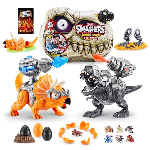 Smashers Dino Island T-Rex Battles by ZURU, Negro Triceratops, 50+ Surprises Boys Collectible Dinosaur T-Rex Triceratops, Surprise Sand Compounds Discovery (Negro Triceratops)