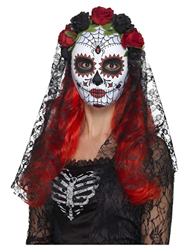 Smiffys-44639 Máscara de señorita del día de Muertos, Cara Completa, con Rosas, Color Rojo y Negro, Tamaño único (Smiffy'S 44639)