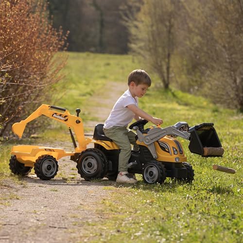 Smoby- Tractor Infantil Excavadora con Pedales Builder MAX, Muy Resistente, con Pala, Excavadora Mecánica y Remolque, Volante con Bocina, Asiento Ajustable, A Partir de 3 Años (7600710304)