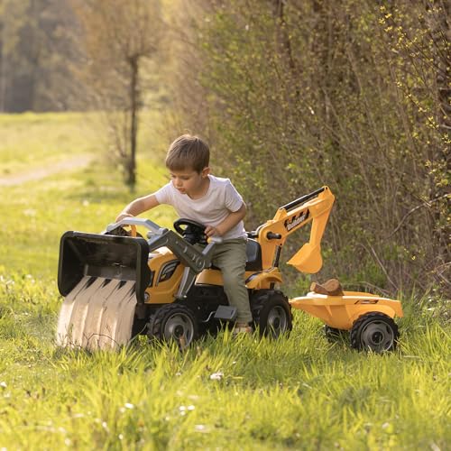 Smoby- Tractor Infantil Excavadora con Pedales Builder MAX, Muy Resistente, con Pala, Excavadora Mecánica y Remolque, Volante con Bocina, Asiento Ajustable, A Partir de 3 Años (7600710304)