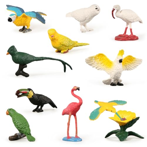 SoLLek Aves Figuras 10pcs Aves Mini Juego de Figuras Loro Decoración para Tarta Fiesta de Cumpleaños Decoración Flamencos Cake Topper Regalos de Cumpleaños para Niños