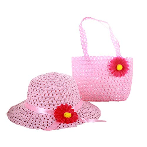 Sombrero y Sombrero de Paja para niños Sombrero para el Sol con Flores Conjunto de Bolso para Princesa Niñas Sombrero de Playa de Verano Monedero