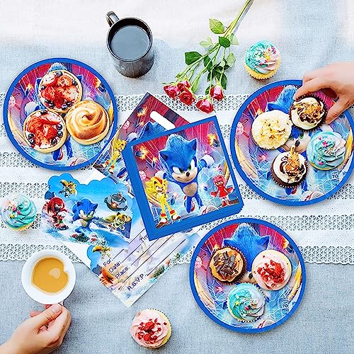 Sonic Party Supplies Juego de Decoración, WanWen 99 Piezas Decoracion Cumpleaños Sonic, Sonic Fiestas Decoración, Platos, Tazas, Servilletas, Manteles, Banderines, para Niñas y Niños