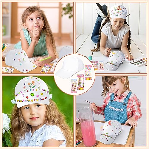 SPERMUOY Juego de 6 gorras infantiles para pintar con piedras brillantes, autoadhesivas, para pintar en interiores, familias, padres, actividades infantiles, Blanco, 35