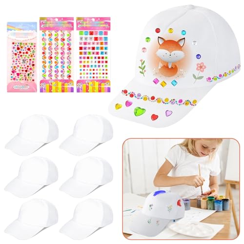 SPERMUOY Juego de 6 gorras infantiles para pintar con piedras brillantes, autoadhesivas, para pintar en interiores, familias, padres, actividades infantiles, Blanco, 35