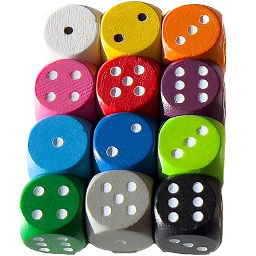 Spieltz: 12 dados de madera de colores para juegos de mesa, 16 mm, W6/D6, fabricados en Alemania/fabricados en Alemania (accesorios para juegos de mesa) (12 dados en 12 colores)