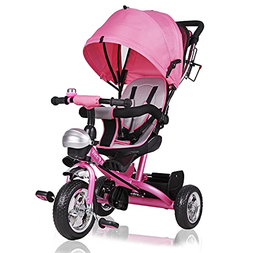 Spielwerk Triciclo Evolutivo 2en1 Rosa Cochecito y Bicicleta para Bebés y Niños Techo Plegable Cestas máx.30Kg