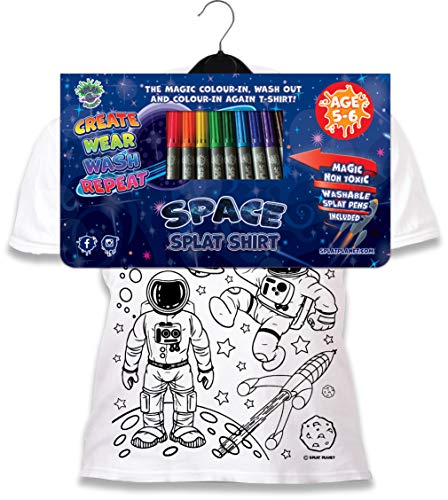 Splat Planet Colour-in Space Man and Space Rocket Camiseta con 6 bolígrafos mágicos no tóxicos lavables – Color en y lavado fuera de la camiseta, Espacio, 7-8 años