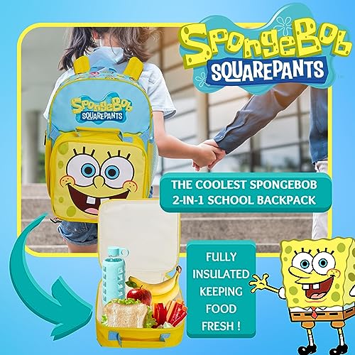 SpongeBob SquarePants Mochila para niños con bolsa de almuerzo aislada fresca para niños y niñas de regreso a la escuela Snack Box 2 piezas mochila y sándwich set desmontable, Talla única, Mochila