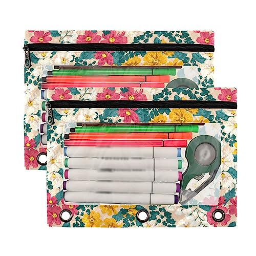 Spring Meadow Flower - Estuche para lápices de 3 anillas, paquete de 2 estuches de plástico transparente impermeable con cremallera, bolsa de cosméticos, organizador de documentos de oficina