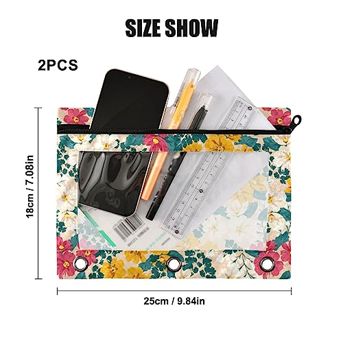 Spring Meadow Flower - Estuche para lápices de 3 anillas, paquete de 2 estuches de plástico transparente impermeable con cremallera, bolsa de cosméticos, organizador de documentos de oficina