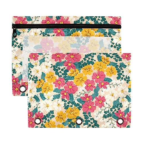 Spring Meadow Flower - Estuche para lápices de 3 anillas, paquete de 2 estuches de plástico transparente impermeable con cremallera, bolsa de cosméticos, organizador de documentos de oficina