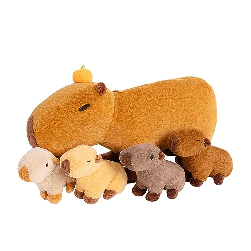 Starpony OUOZZZ | Juguete de Peluche de Capibara, Juguete de Peluche Suave y Encantador, Madre de Carpincho de Peluche Trae 4 Capibaras Bebé, Juguetes de Animales, Regalos para Niñas y Niños