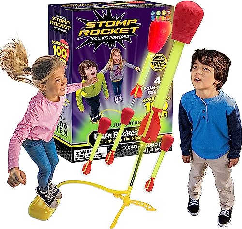 Stomp Rocket The Original Ultra Rocket LED, 4 Rockets - Regalo de Juguete de Cohete para Exteriores para niños y niñas - Viene con Lanzador de Cohetes de Juguete - A Partir de 5 años