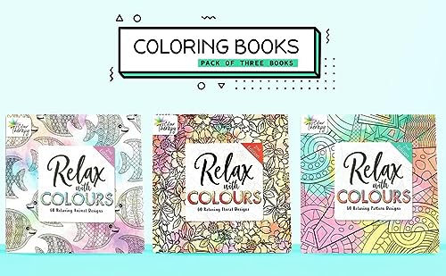 Styloo Libros para colorear para adultos, juego de 3 libros, 180 diseños, ilustraciones de animales, flores y patrones, bloc de dibujo Mindfulness y relajante, serie 2 (3 libros)